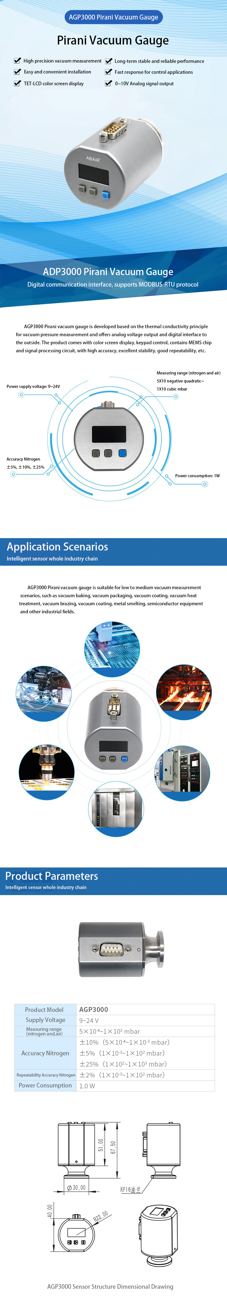 AGP3000 Affichage numérique Conductivité thermique Pirani Vacuum Gauge